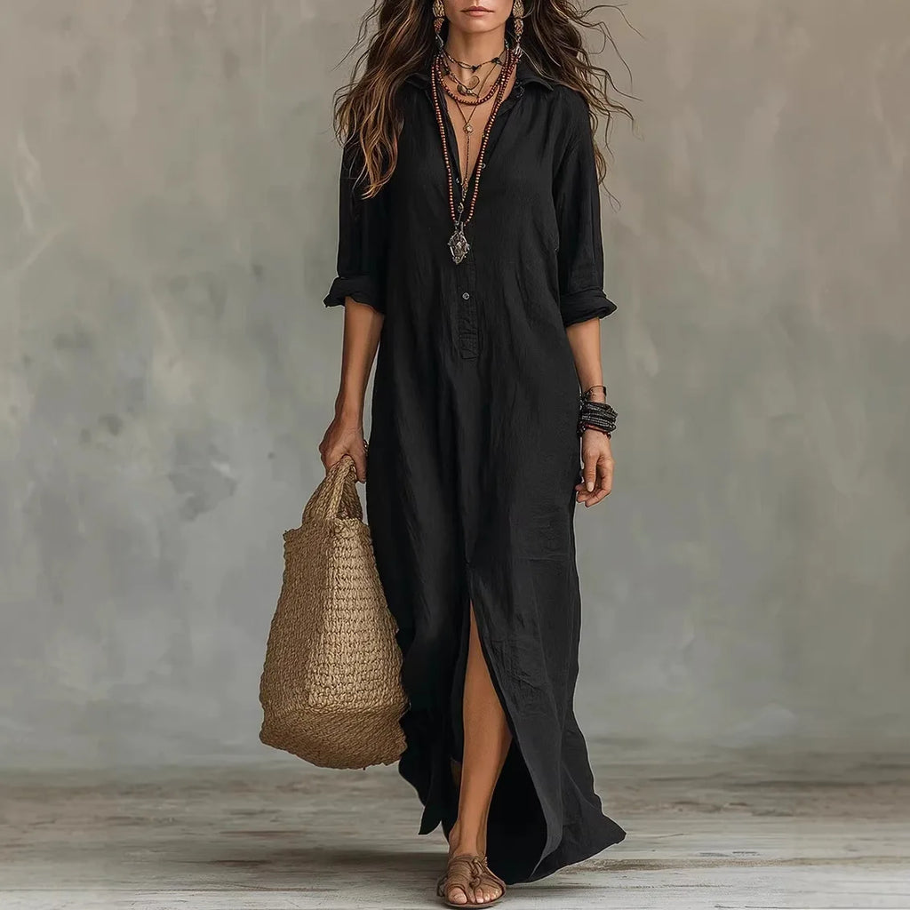 Women's Casual Long Sleeve Loose Maxi Dress – Solid Color Turn-Down Collar Beach & Elegant Dress