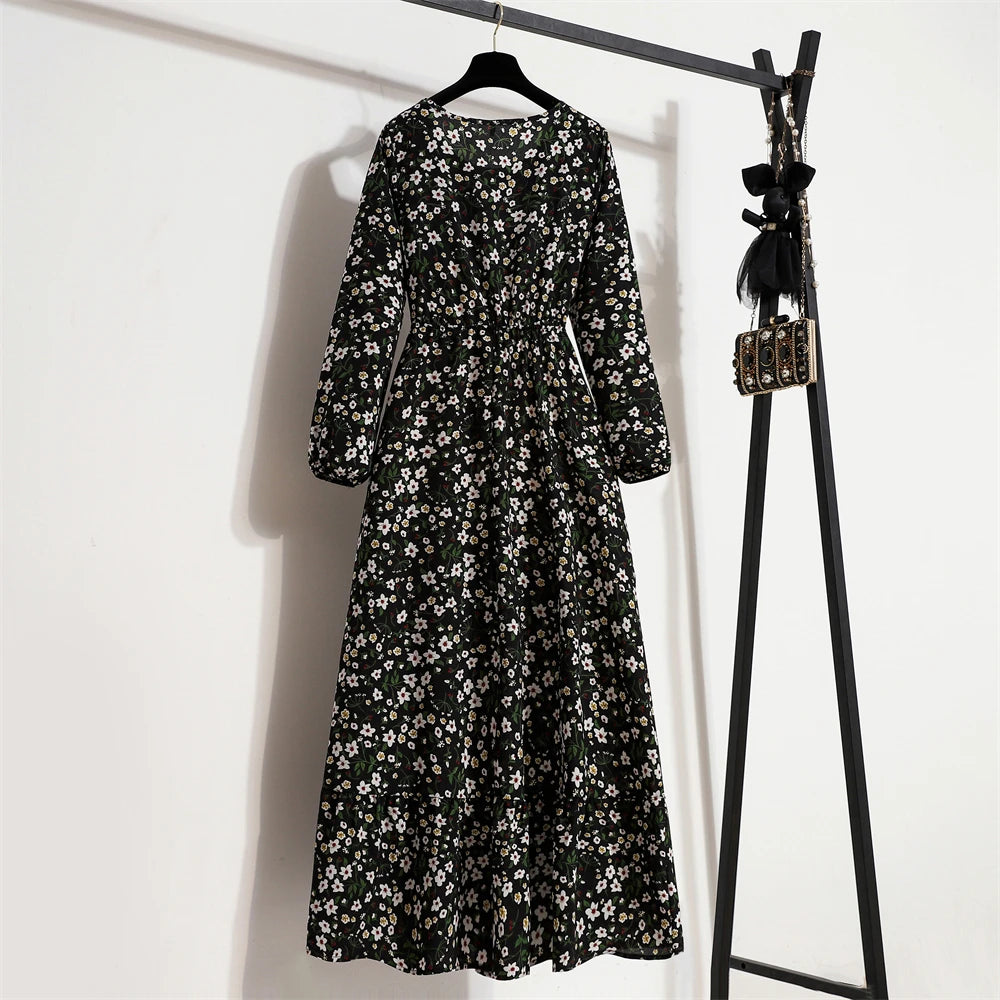 Women Long Dresses Spring Summer Casual Full Sleeve Floral geometry Printed O neck Woman Bohe Beach Party Dress Mujer Vestidos