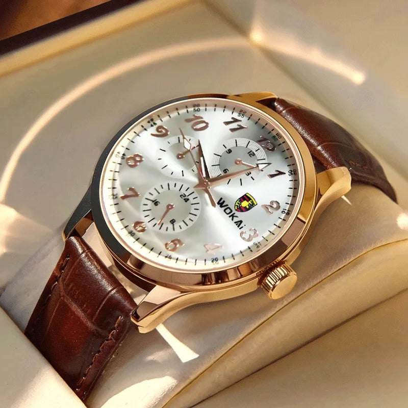 Men's Moon Phase Chronograph Quartz Watch | Luminous Leather Strap Luxury Sport Wristwatch
