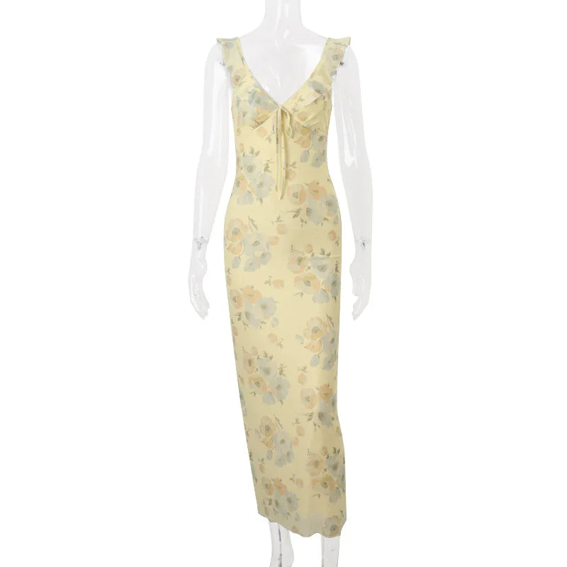 Floral Plunge Backless Maxi Dress — Sexy Fairy Beach Vacation Dress