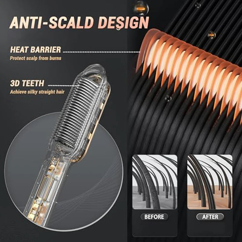 Anti-Scald 2-in-1 Electric Hair Straightening Comb – Fast Heating Negative Ion Straightener Brush