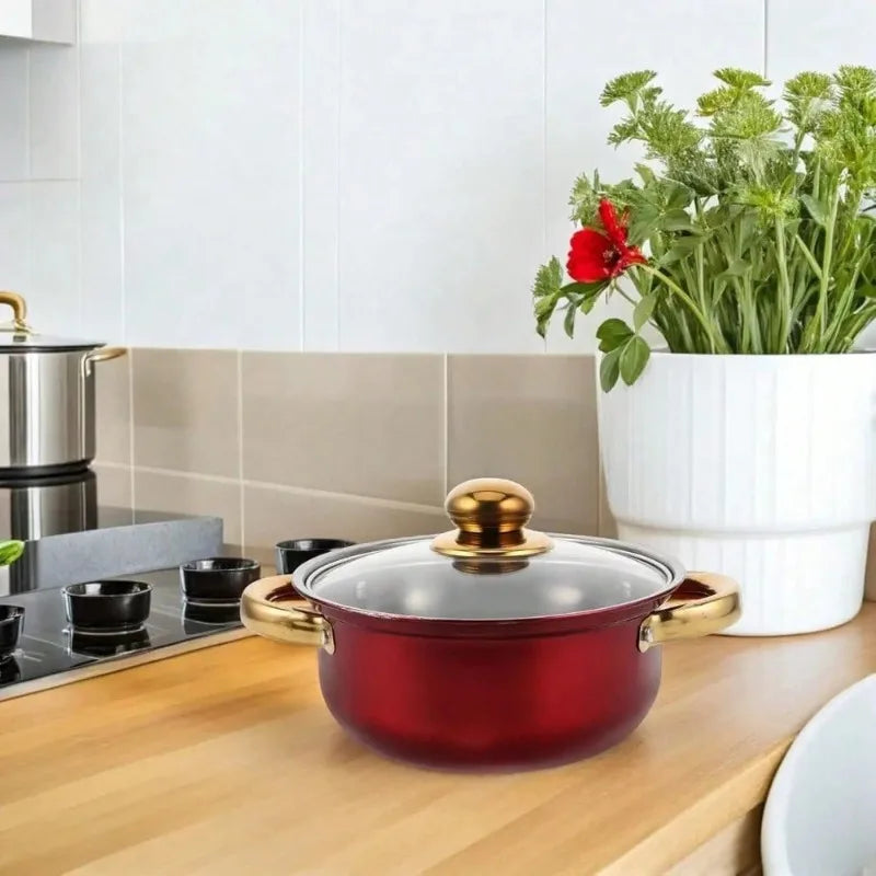 Nonstick Cookware Set – Wine Red with Gold Handles