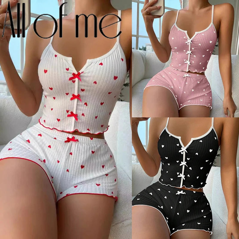 Women's Heart Print Frill Trim Cami Top & Shorts Pajama Set | Soft Ribbed Loungewear