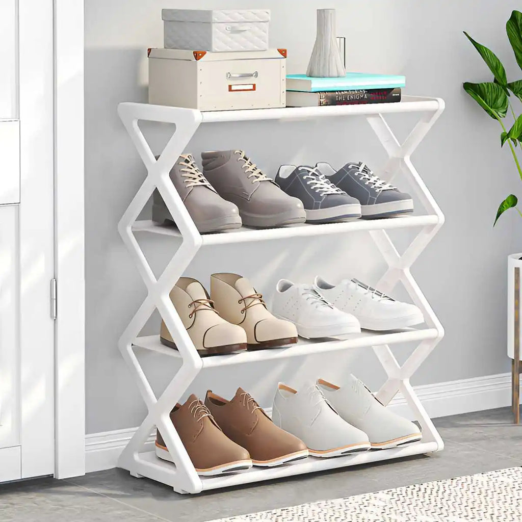 4-Tier X-Type Dustproof Shoe Storage Rack — Foldable Steel Organizer for Entryways, Bedrooms & Dorms