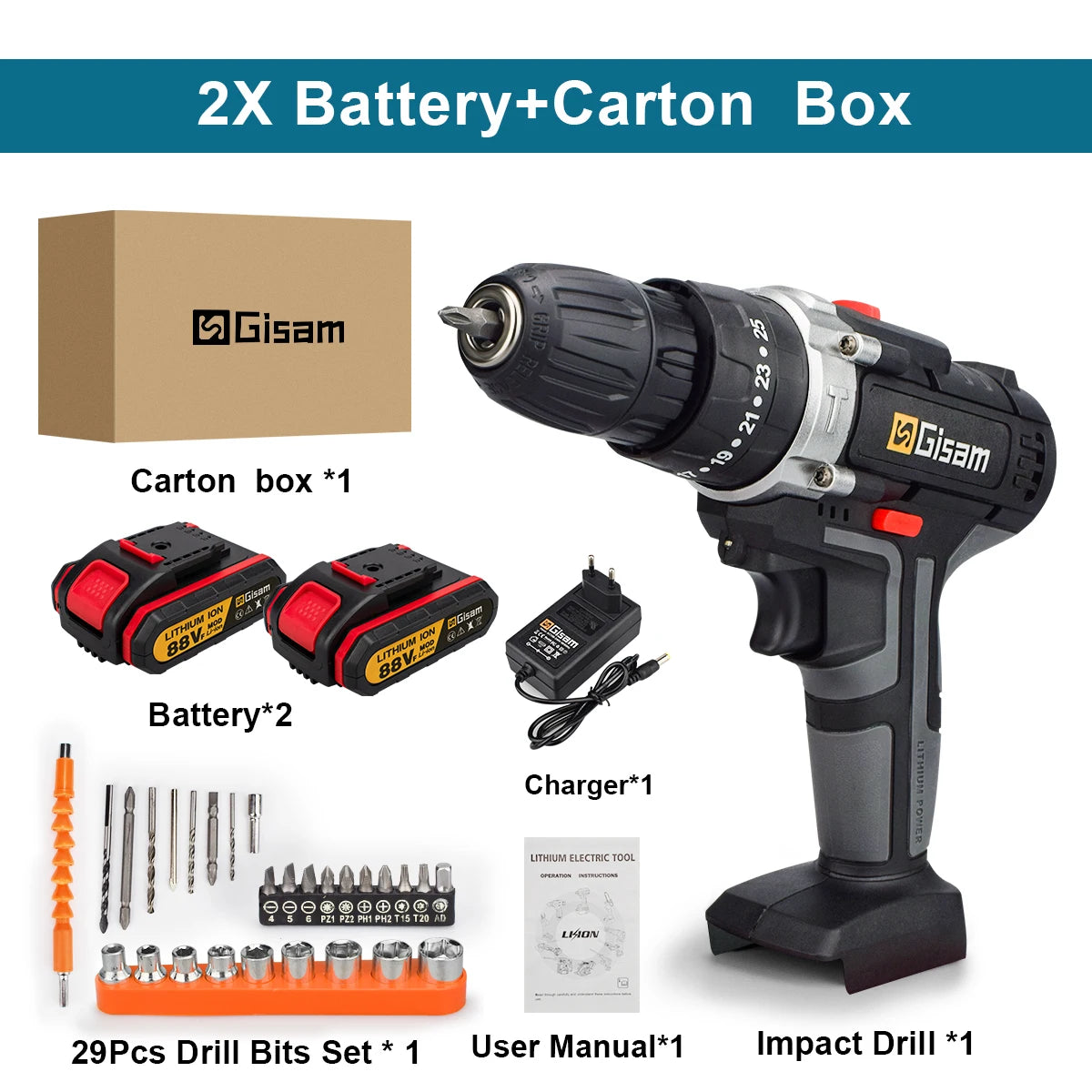 21V Cordless Impact Drill — 25+3 Torque Settings, LED Light & Drill Bits Set Included