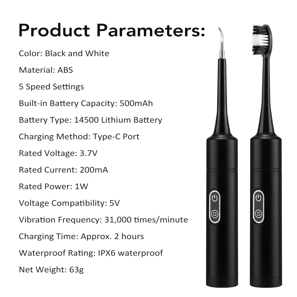 Dentist-Level Clean at Home — Electric Teeth Cleaner & Tartar Remover | 6-Gear Modes, 31,000 Vibrations/Min, IPX6 Waterproof, Type-C Charging