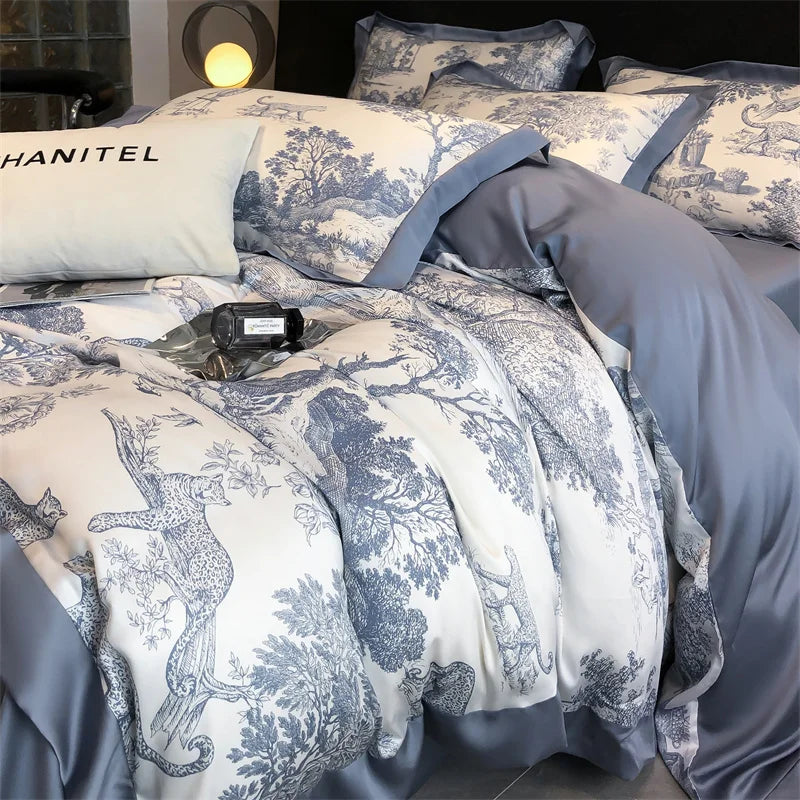 Eucalyptus Lyocell Bedding Set – Silky Soft Forest & Leopard Print Duvet Cover, Bed Sheet & Pillowcases