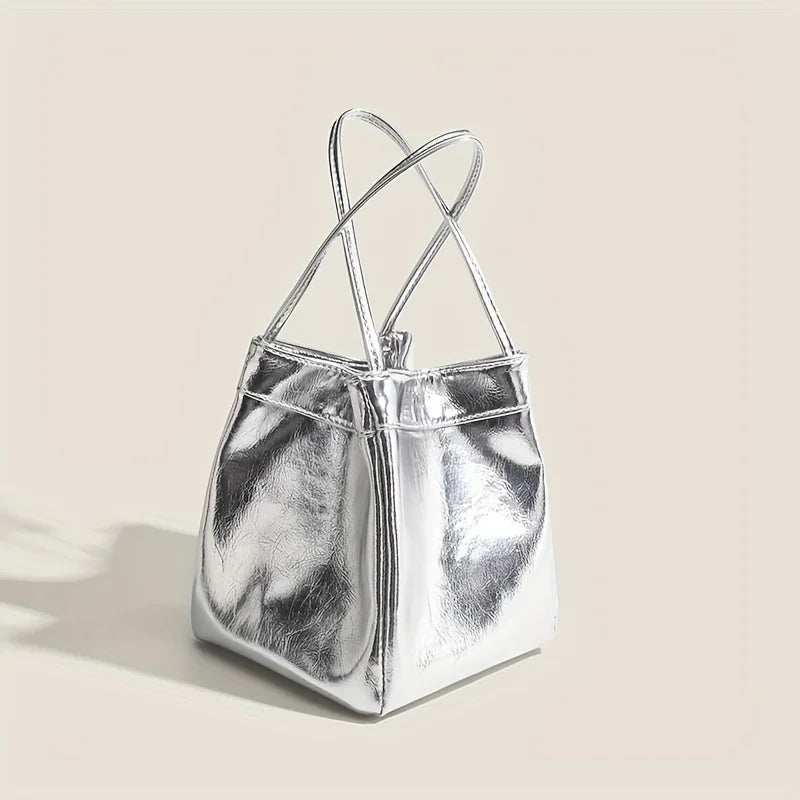 Sparkling Silver Glittery Mini Drawstring Bucket Bag – PU Crossbody Handbag with Wallet for Women