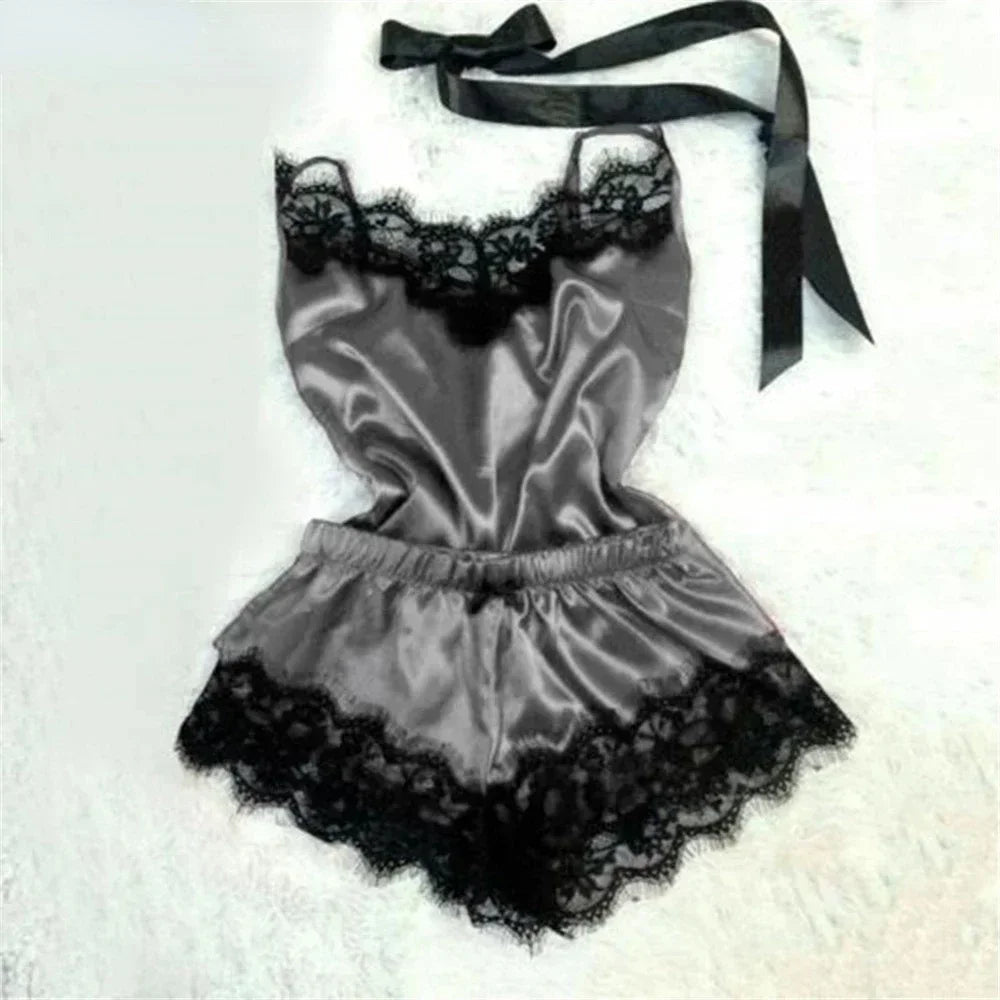 Women's Summer Lace Silk Pajama Set | Cami Top & Shorts Sexy Lingerie Sleepwear
