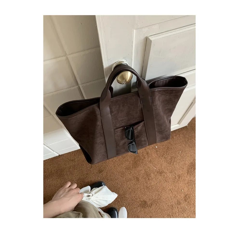 Large Capacity Retro Faux Suede Shoulder Tote Bag – Luxury Commuter Travel Handbag for Women
