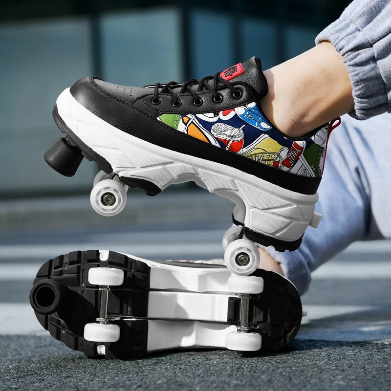 Fashionable 4-Wheel Roller Skate Shoes – Unisex Kids & Adult Outdoor Casual Wheeled Sneakers