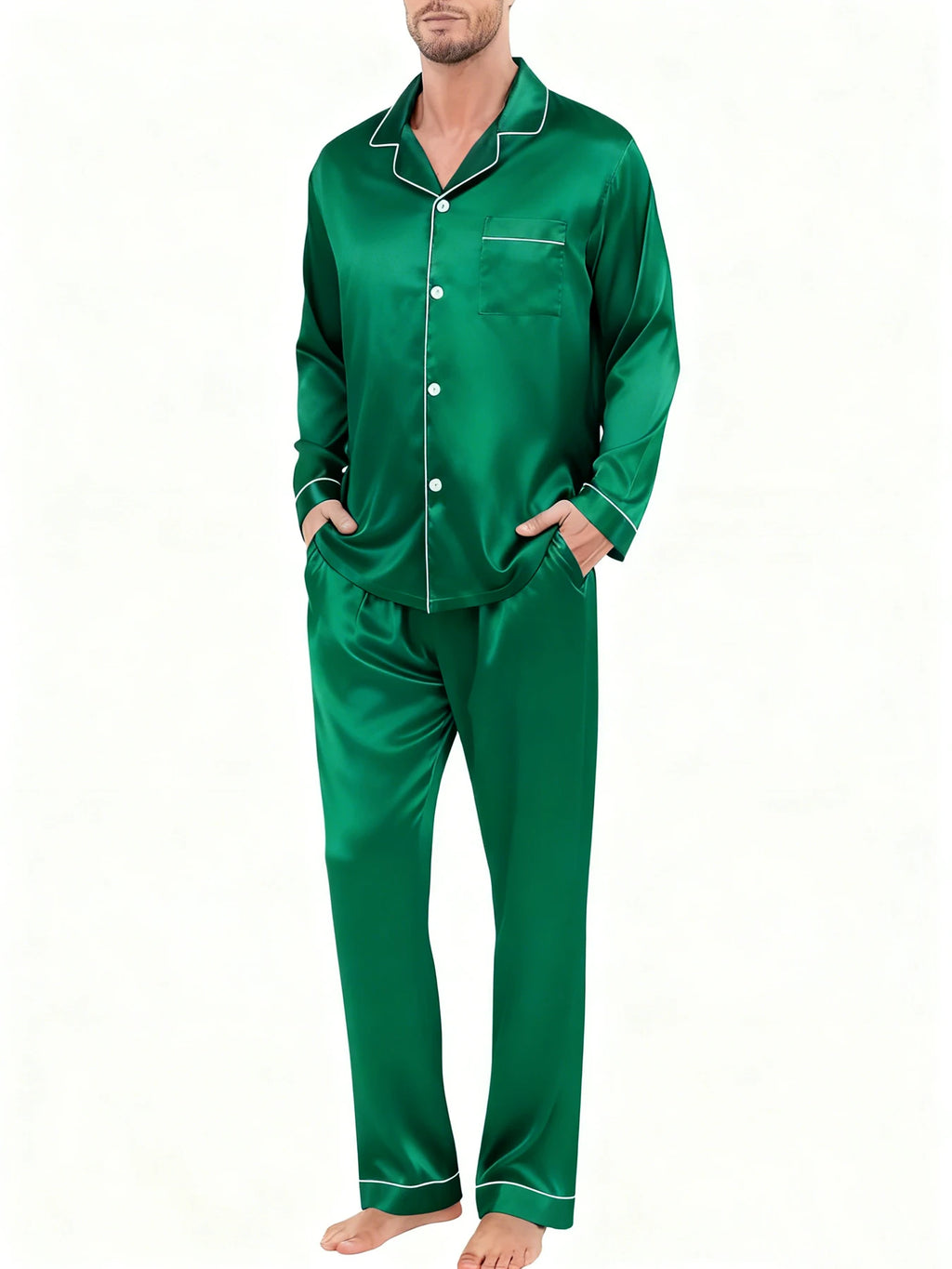 Men's Luxury Contrast Trim Pajama Set — Long Sleeve Top & Pants