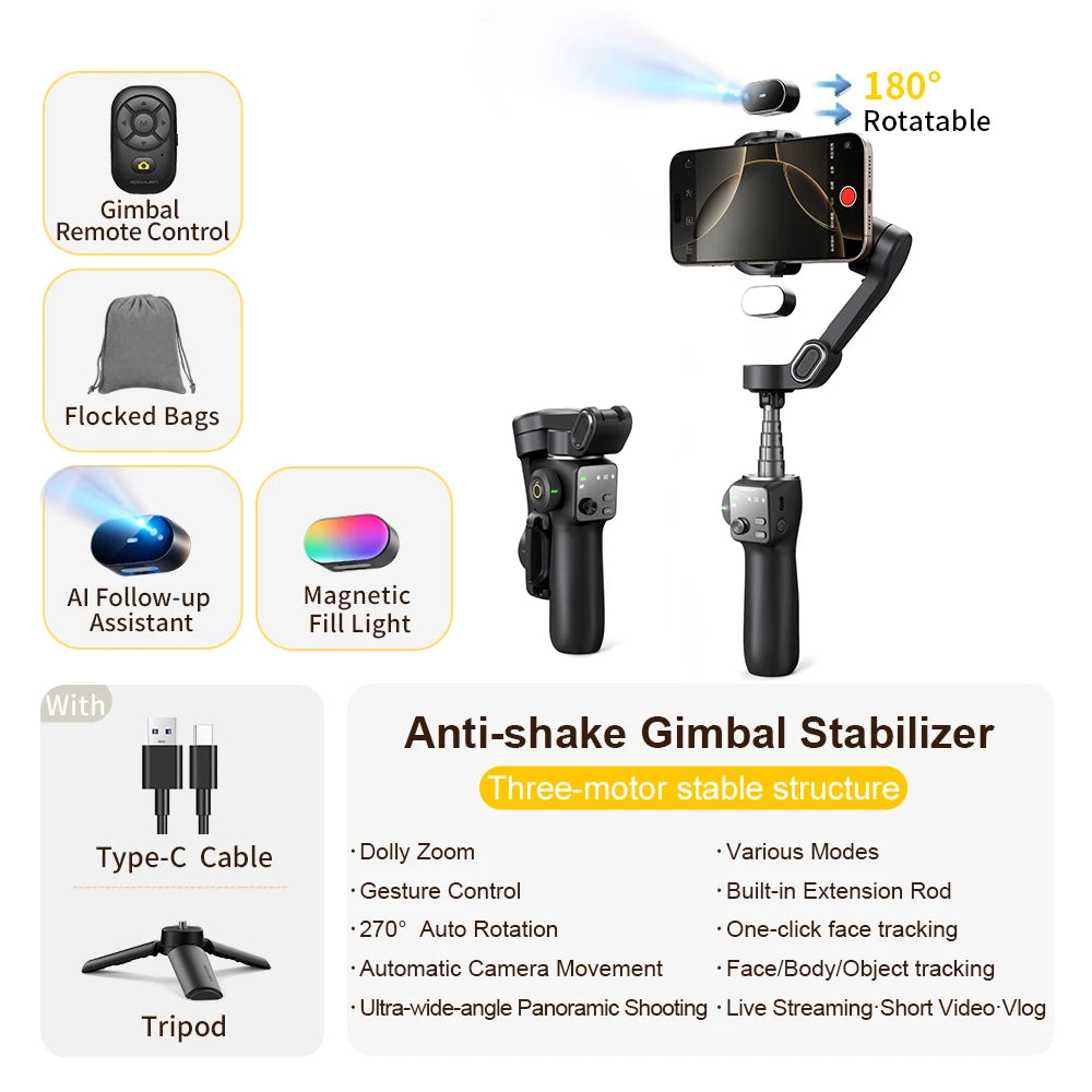 AOCHUAN 3-Axis Handheld Gimbal Phone Stabilizer — Smooth Video for iPhone & Android