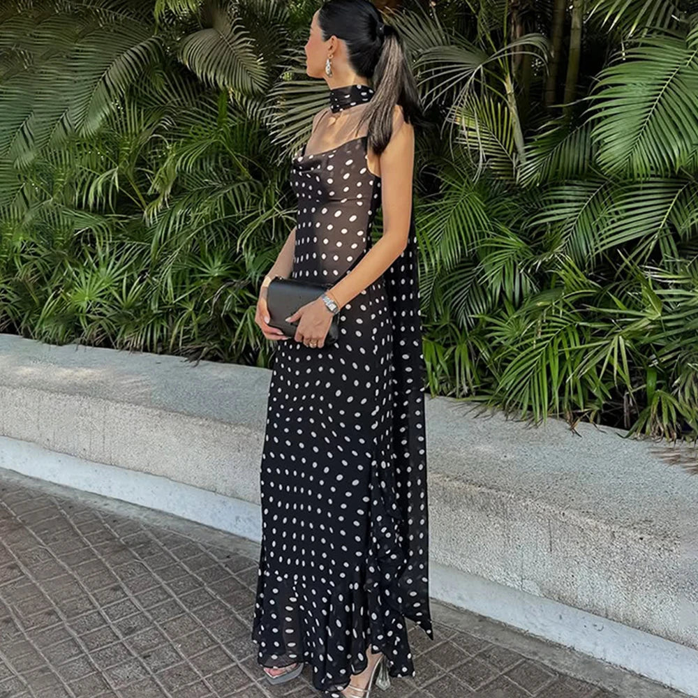 Elegant Polka Dot Halter Pleated Maxi Dress – Ruffle Sleeveless Evening & Party Dress