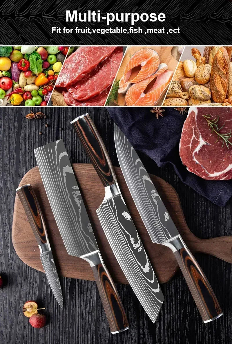 Damascus Kitchen Knife Set — Japanese Santoku, Cleaver, Slicing & Boning Knives