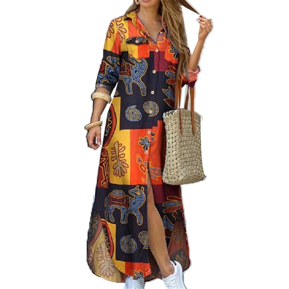 Lapel Literary Print Long Shirt Skirt Dress — Loose Single-Breasted Casual Women's Dress