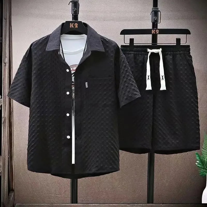 Men's Ice Silk Plaid Lapel Shirt & Shorts Set – Korean Luxury Casual Oversize 2-Piece