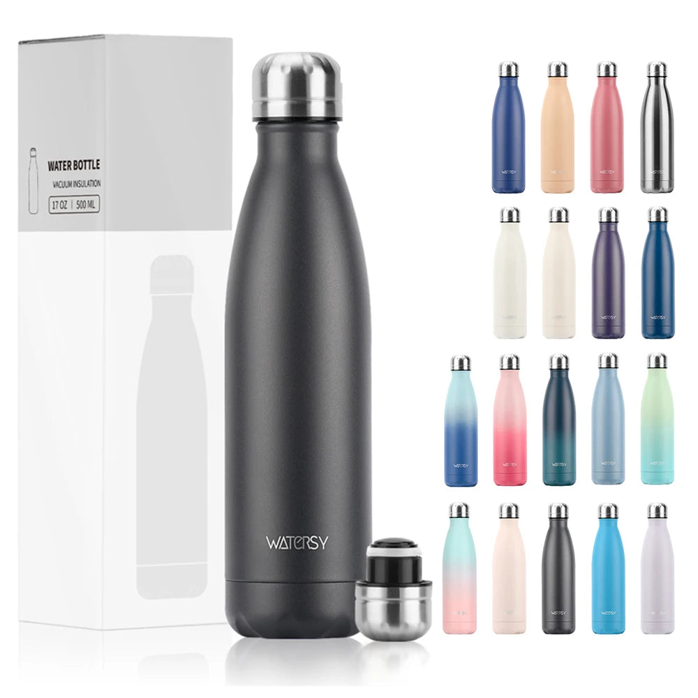 WATERSY 500ml Insulated Vacuum Flask – 304 Stainless Steel Double-Wall Thermal Water Bottle, 12–24hr, 18 Colors