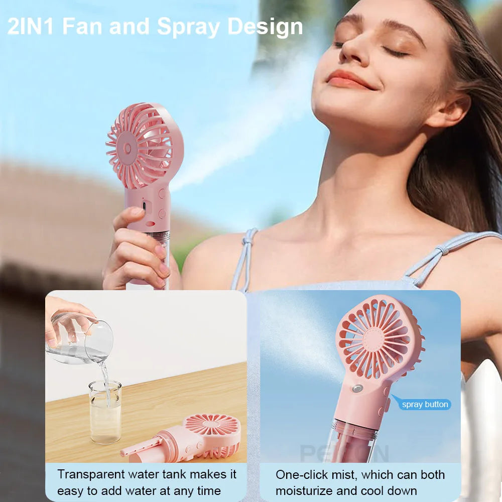 Portable Handheld Mist Fan with Humidifier — USB Rechargeable Mini Water Spray Fan