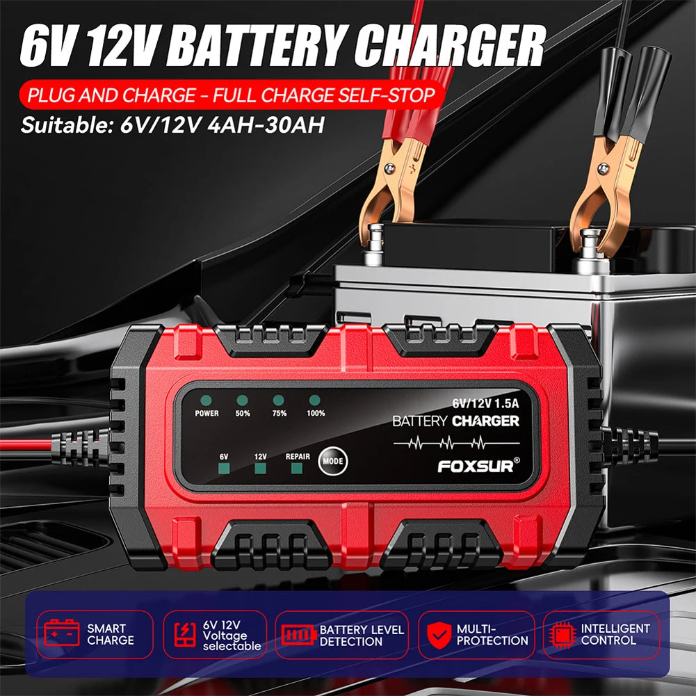 6V/12V 1.5A Smart Car & Motorcycle Battery Charger – Lead-Acid AGM GEL Charging Unit