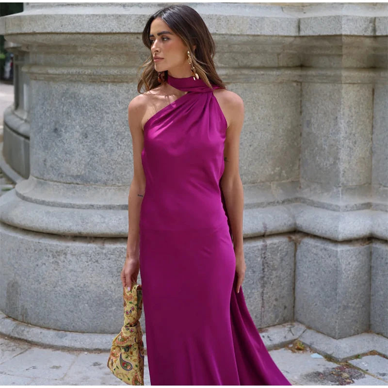 Sexy Satin Halter Backless Party Dress – Off Shoulder Sleeveless Solid Robe Gown 2026