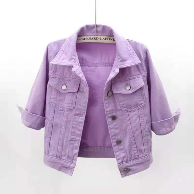 Women's Denim Jacket – Short Casual Jean Coat in Pink, White, Light Blue & Lavender