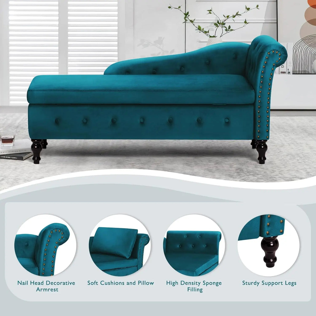 Velvet Storage Chaise Lounge with Right Armrest