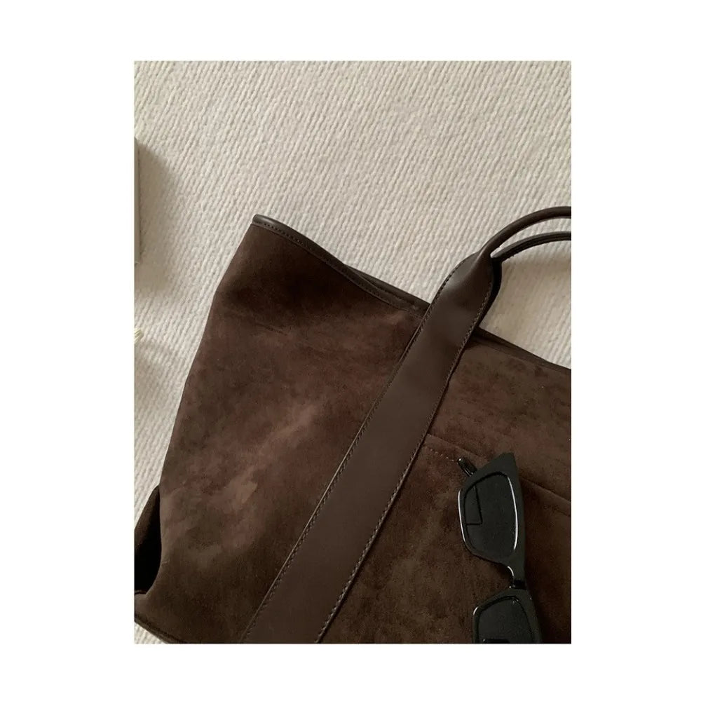 Large Capacity Retro Faux Suede Shoulder Tote Bag – Luxury Commuter Travel Handbag for Women