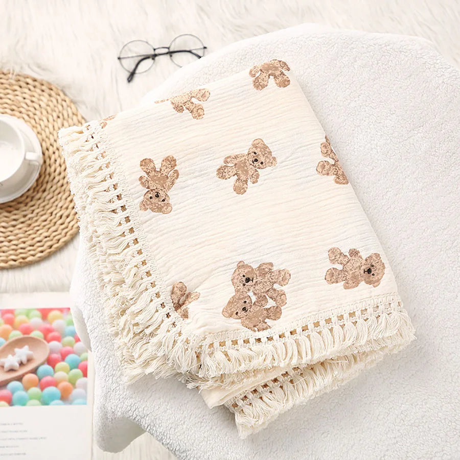 Cute Bear Muslin Cotton Baby Blanket – Plaid Infant Swaddle & Summer Comforter for Newborns