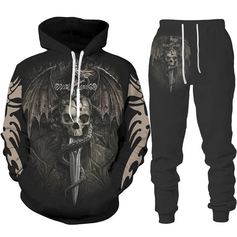 Dragon Print Hoodie Tracksuit Set – Oversized 2-Piece Sweatshirt & Pants