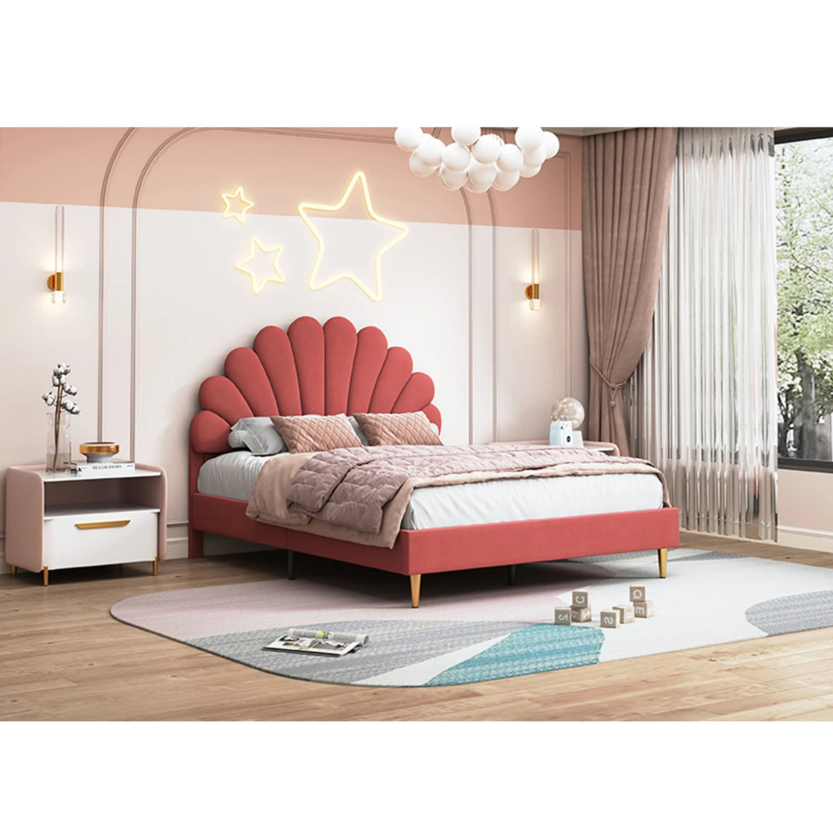 Elegant Upholstered Double Bed Frame – Flower-Shaped Headboard, Velvet Cover, 140x200cm, No Mattress