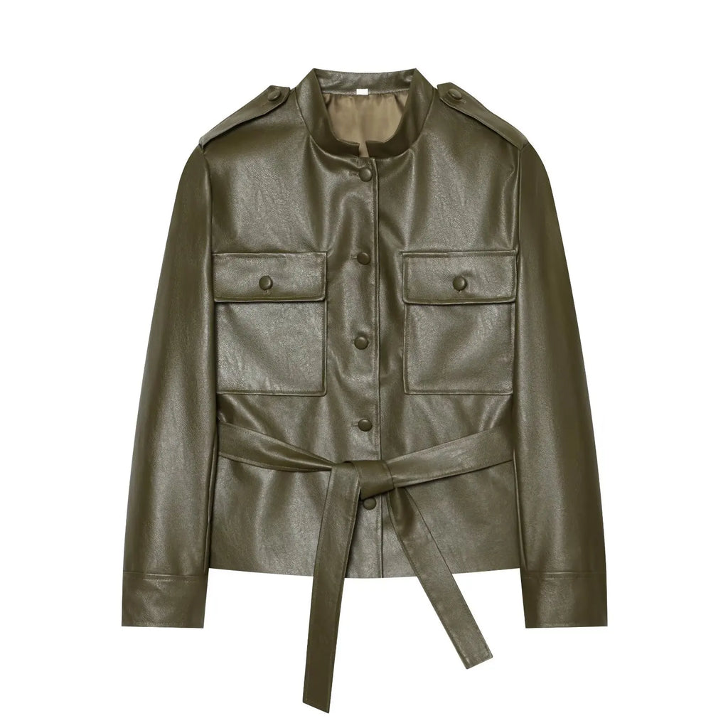Women's Belted Jacket – Stand Collar Button Front