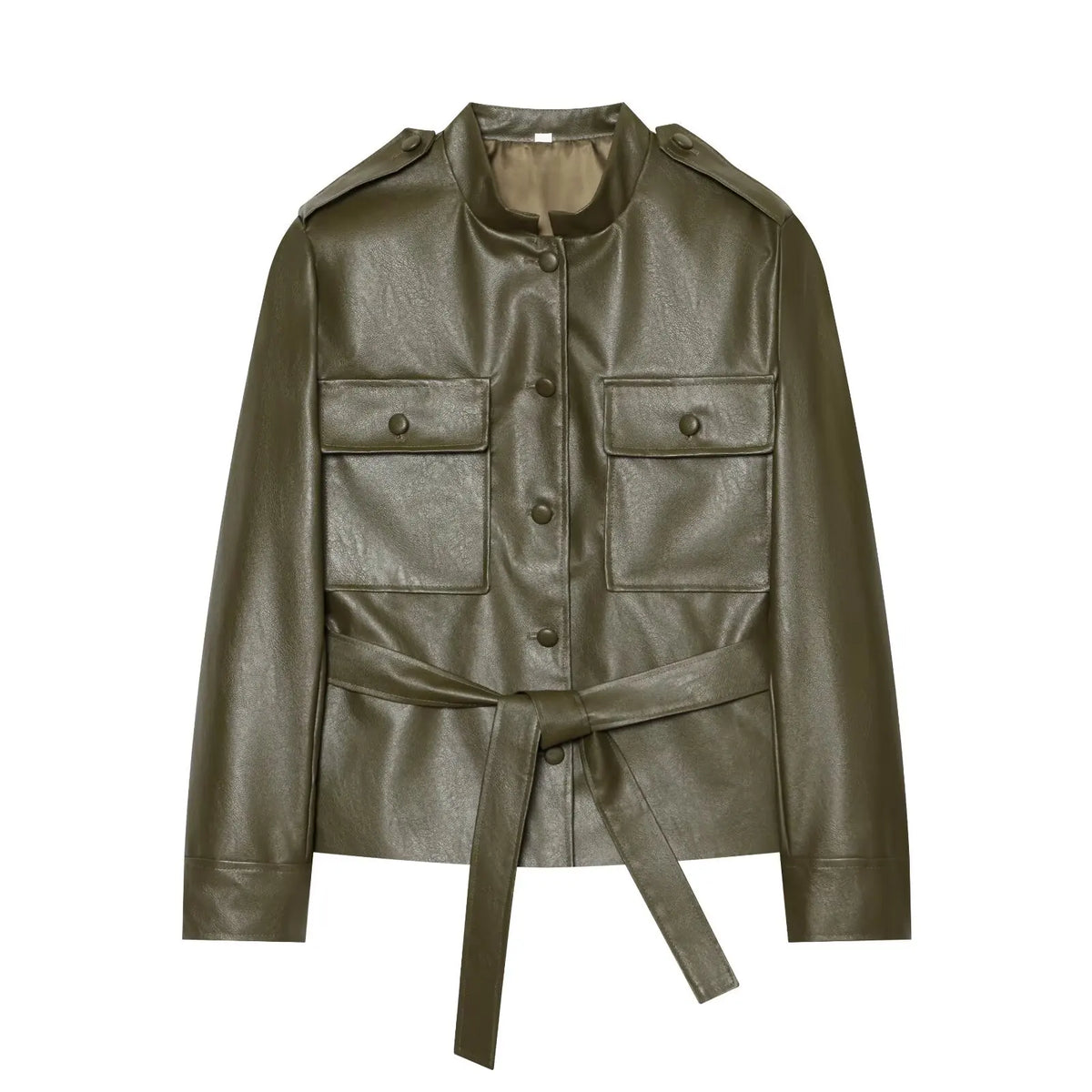 Women's Belted Jacket – Stand Collar Button Front