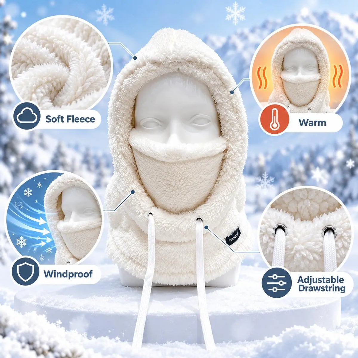 Plush Drawstring Balaclava Hood with Face and Neck Cover