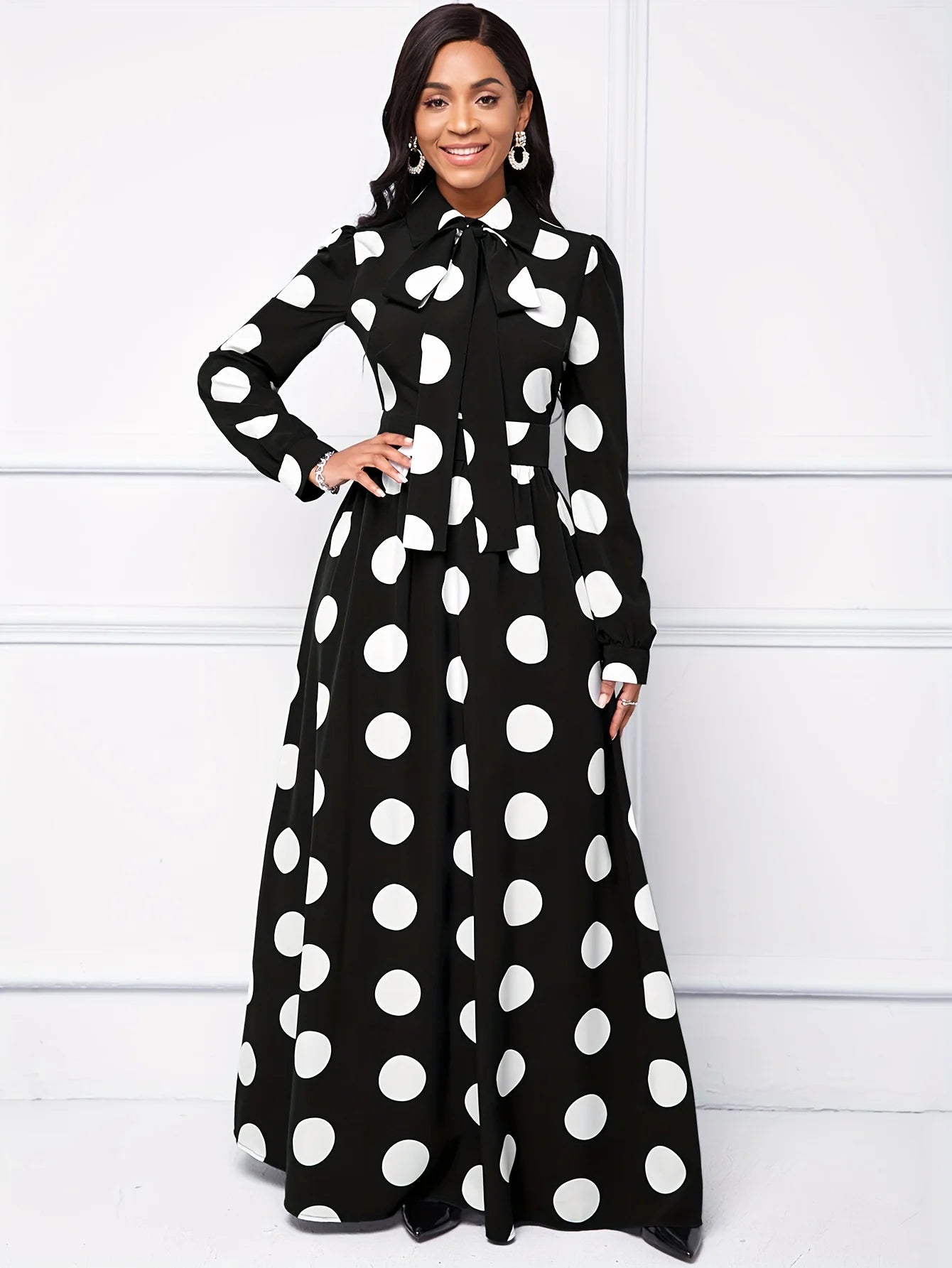 Bow Knot Polka Dot Maxi Dress — Long Sleeve Elegant Casual Lady Dress