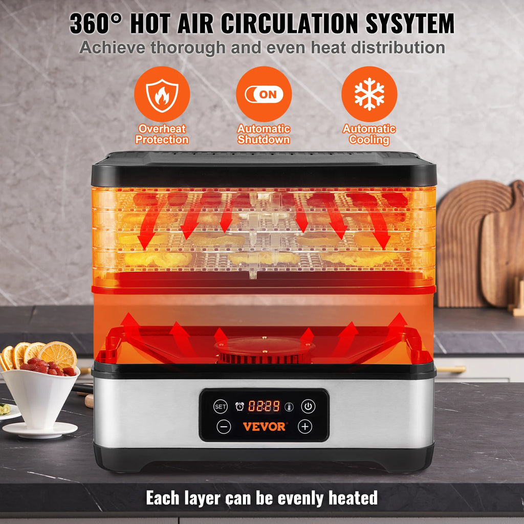 5-Tray Food Dehydrator 300W — Stainless Steel with Digital Timer & Adjustable Temperature