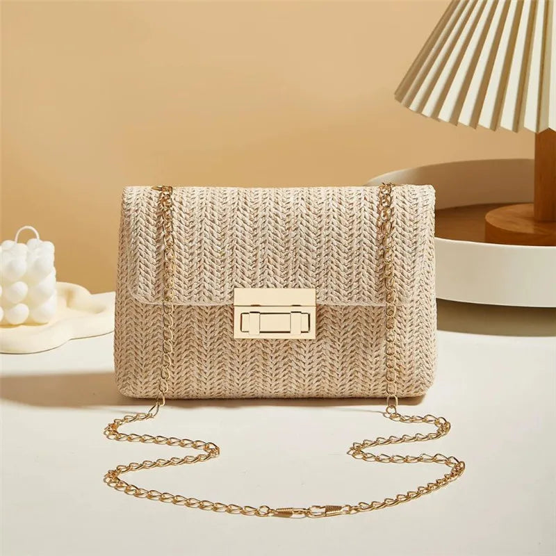Woven Straw Shoulder Bag – Handwoven Crossbody Purse with Lock Closure for Women