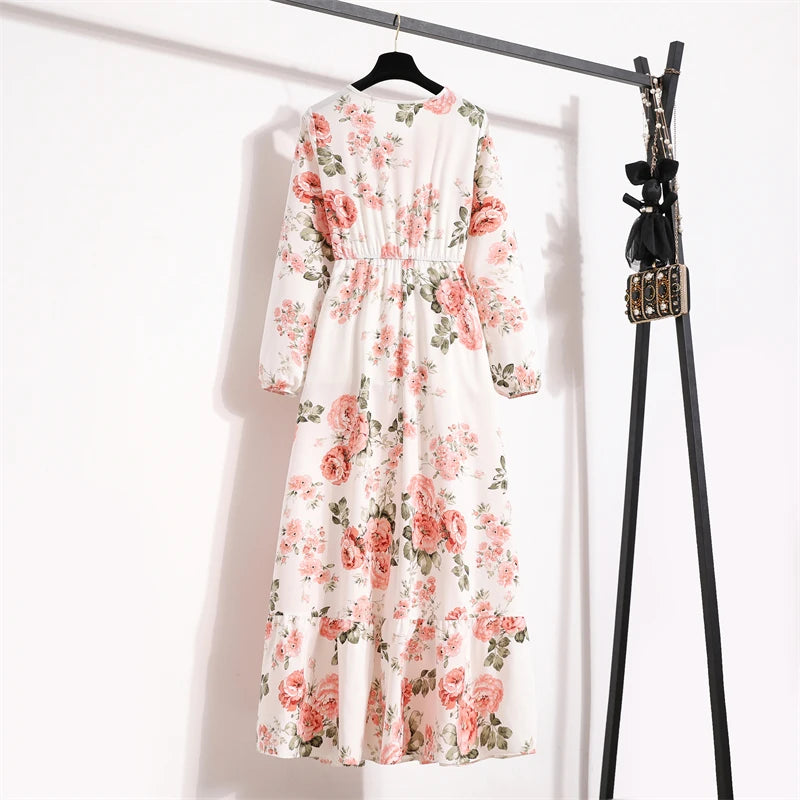 Women Long Dresses Spring Summer Casual Full Sleeve Floral geometry Printed O neck Woman Bohe Beach Party Dress Mujer Vestidos
