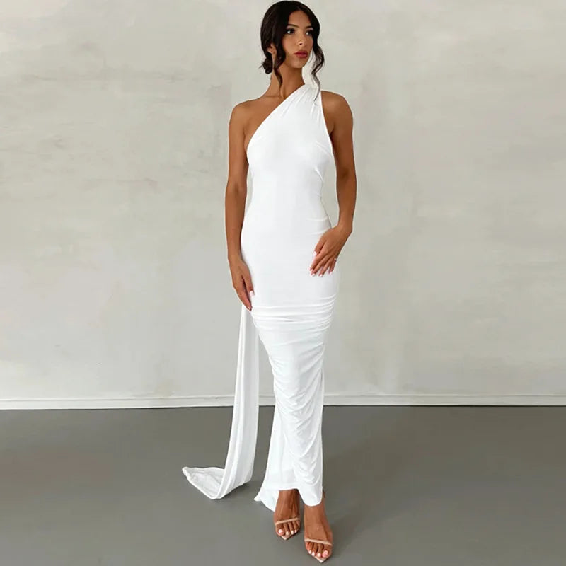 Backless Ruched Slim Bodycon Maxi Dress — Elegant Formal Wedding Guest Evening Dress
