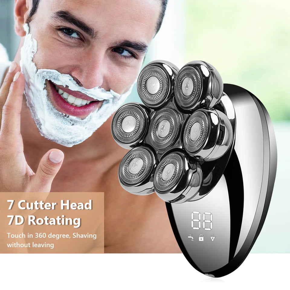 7D Floating Head Electric Shaver for Men – Wet/Dry Rotary Razor with LCD Display & Bald Head Trimmer
