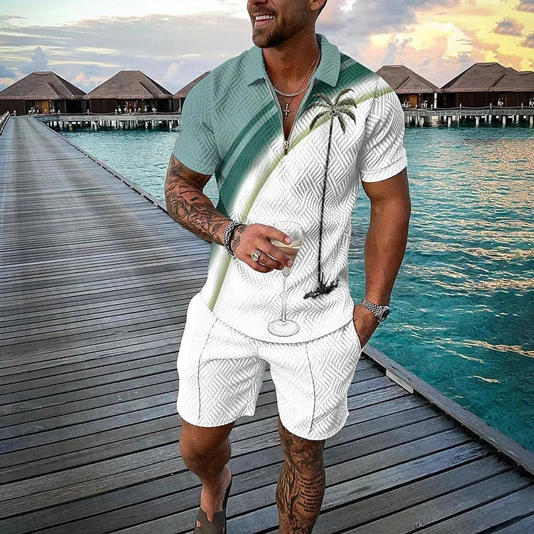 Men's 3D Printed Summer Tracksuit Set – Short Sleeve Polo Shirt & Shorts