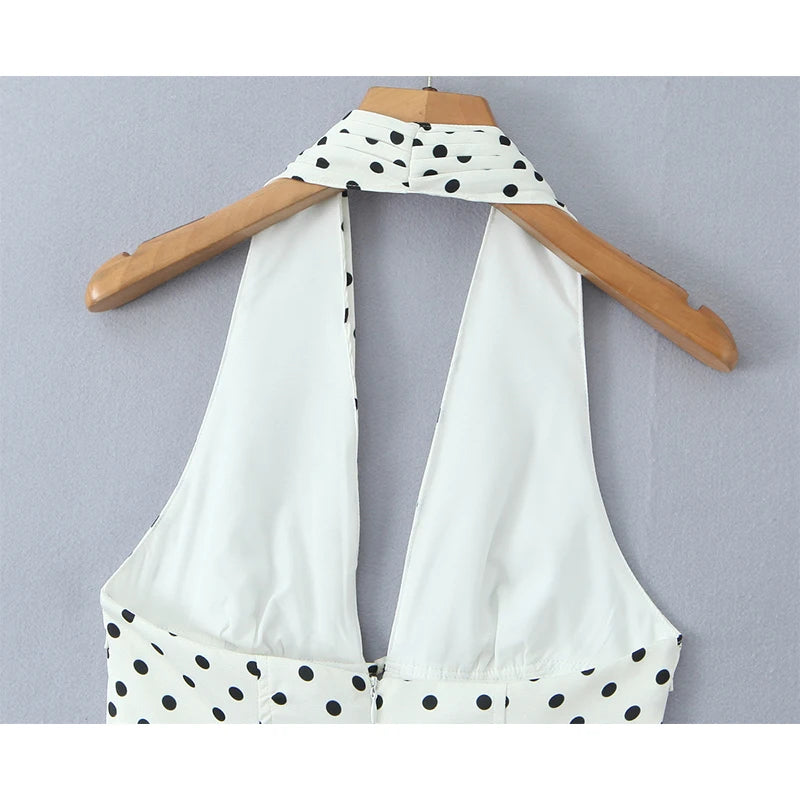 Retro Polka Dot Deep V Halter Mini Dress — Backless A-Line Slim Summer Dress