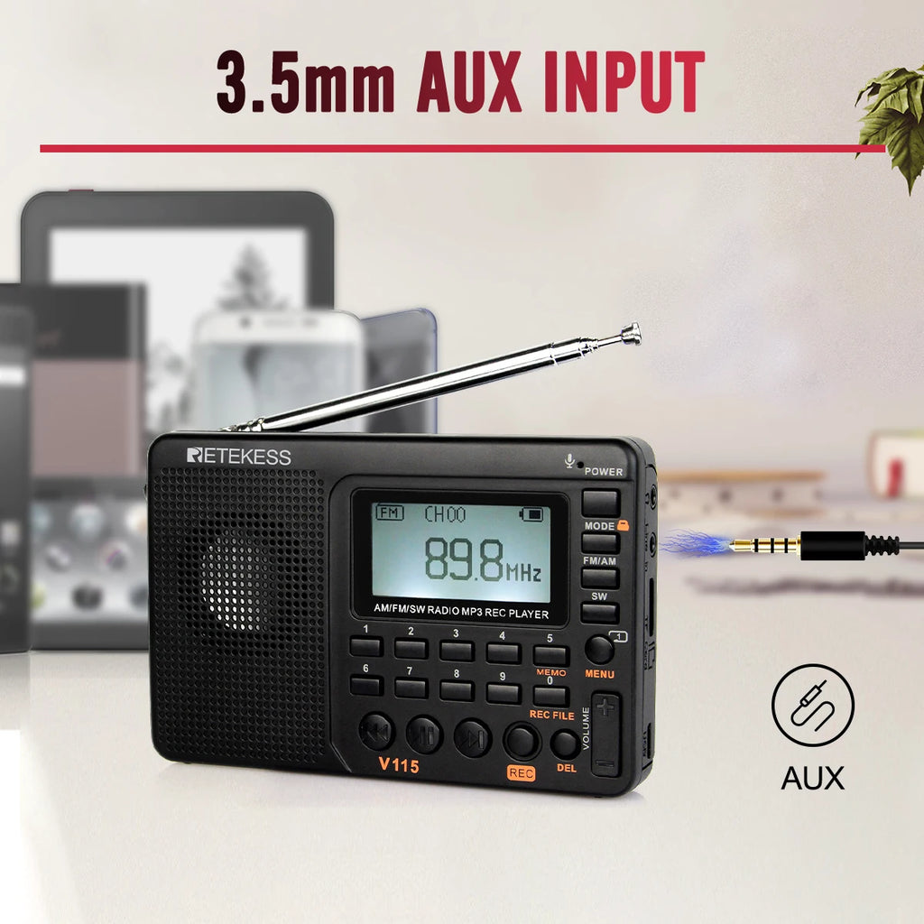 RETEKESS V115 Portable FM AM SW Radio — Rechargeable with USB