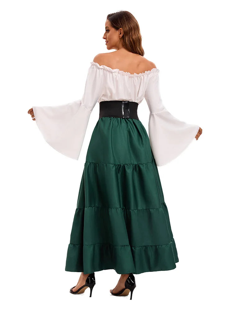 Medieval Renaissance Costume Dress — Off-Shoulder Victorian Queen Outfit with Waist Corset