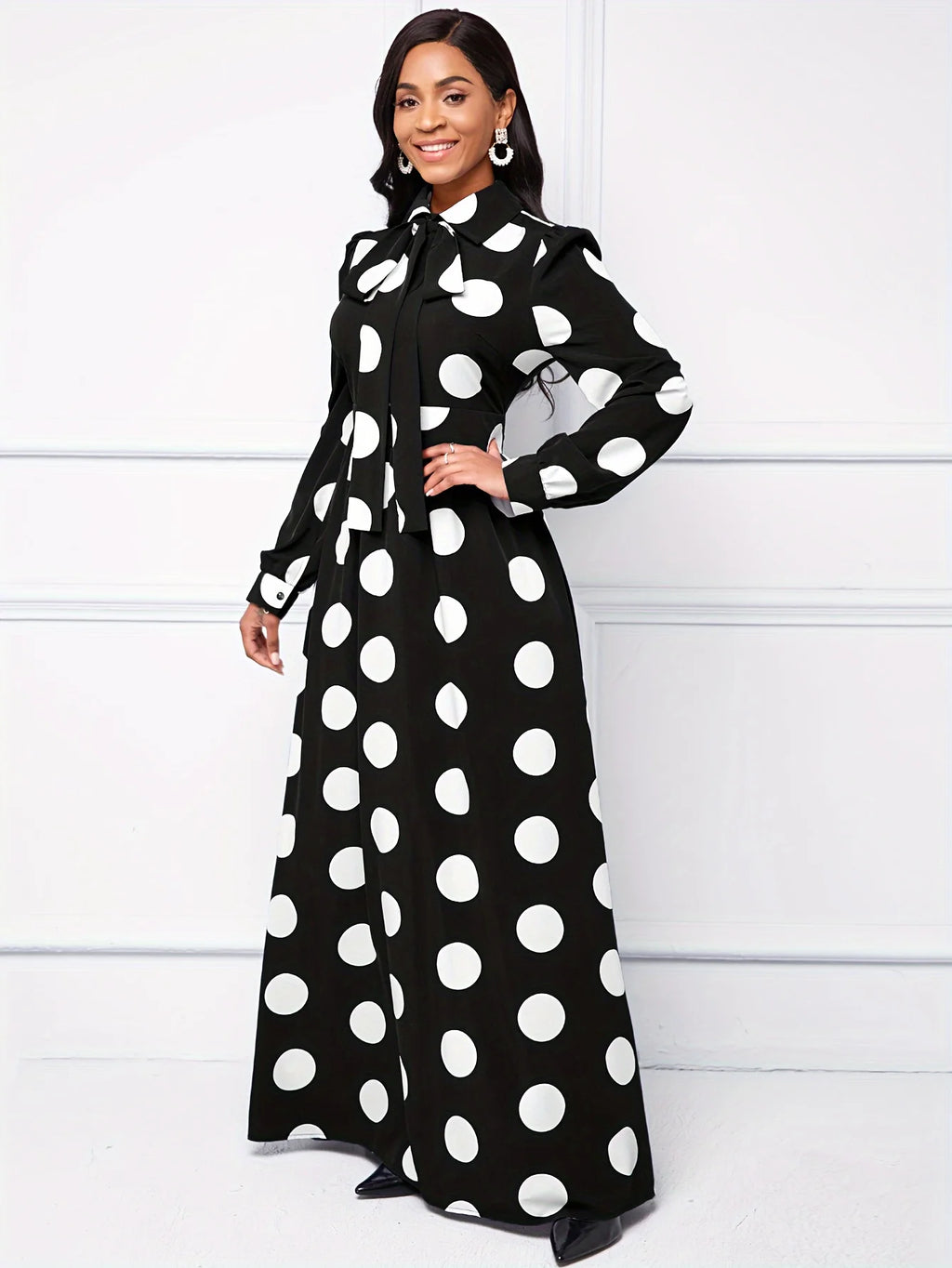 Bow Knot Polka Dot Maxi Dress — Long Sleeve Elegant Casual Lady Dress