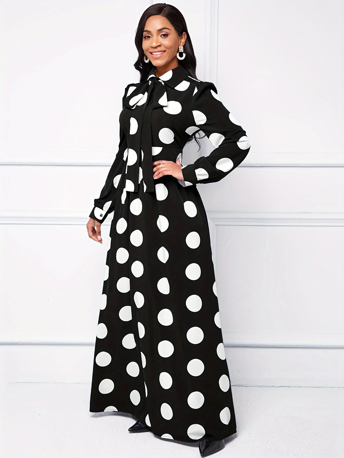 Bow Knot Polka Dot Maxi Dress — Long Sleeve Elegant Casual Lady Dress