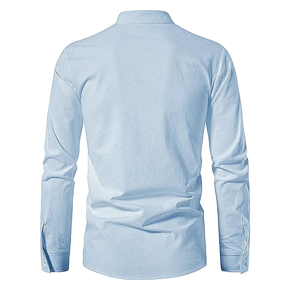 Men's Cotton Linen Drawstring Long Sleeve Shirt — Vintage Casual US Size Top