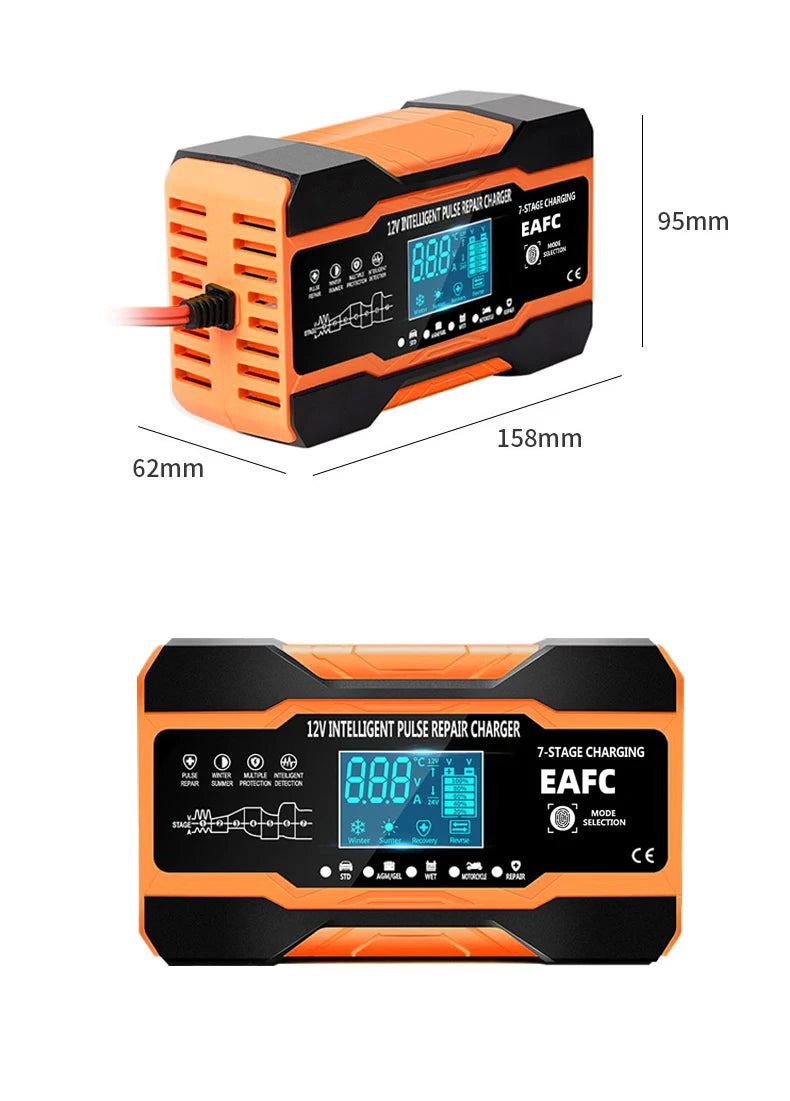 12V/24V Smart Battery Charger – 7-Stage Fast Charging & Pulse Repair for AGM, GEL, WET & Lead Acid Batteries
