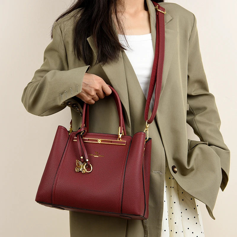 Luxury Genuine Leather 3-Layer Tote Bag – Large Capacity Crossbody Shoulder Bag for Women