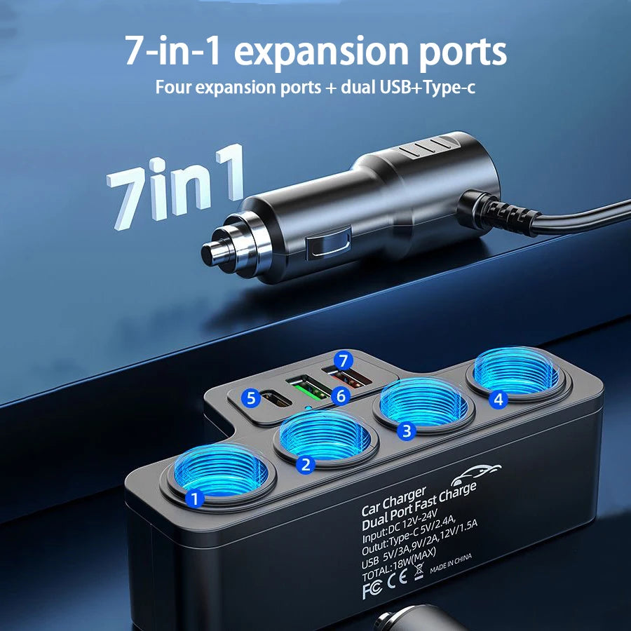 120W Multi-Function USB & Type-C Fast Charging Car Charger – 4-Port Multi-Device Charger